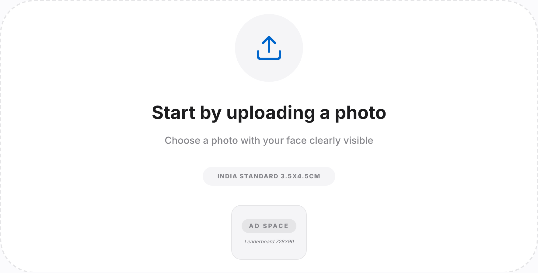 GetFixMyFile Passport Photo Maker upload screen with 3.5×4.5 cm standard size