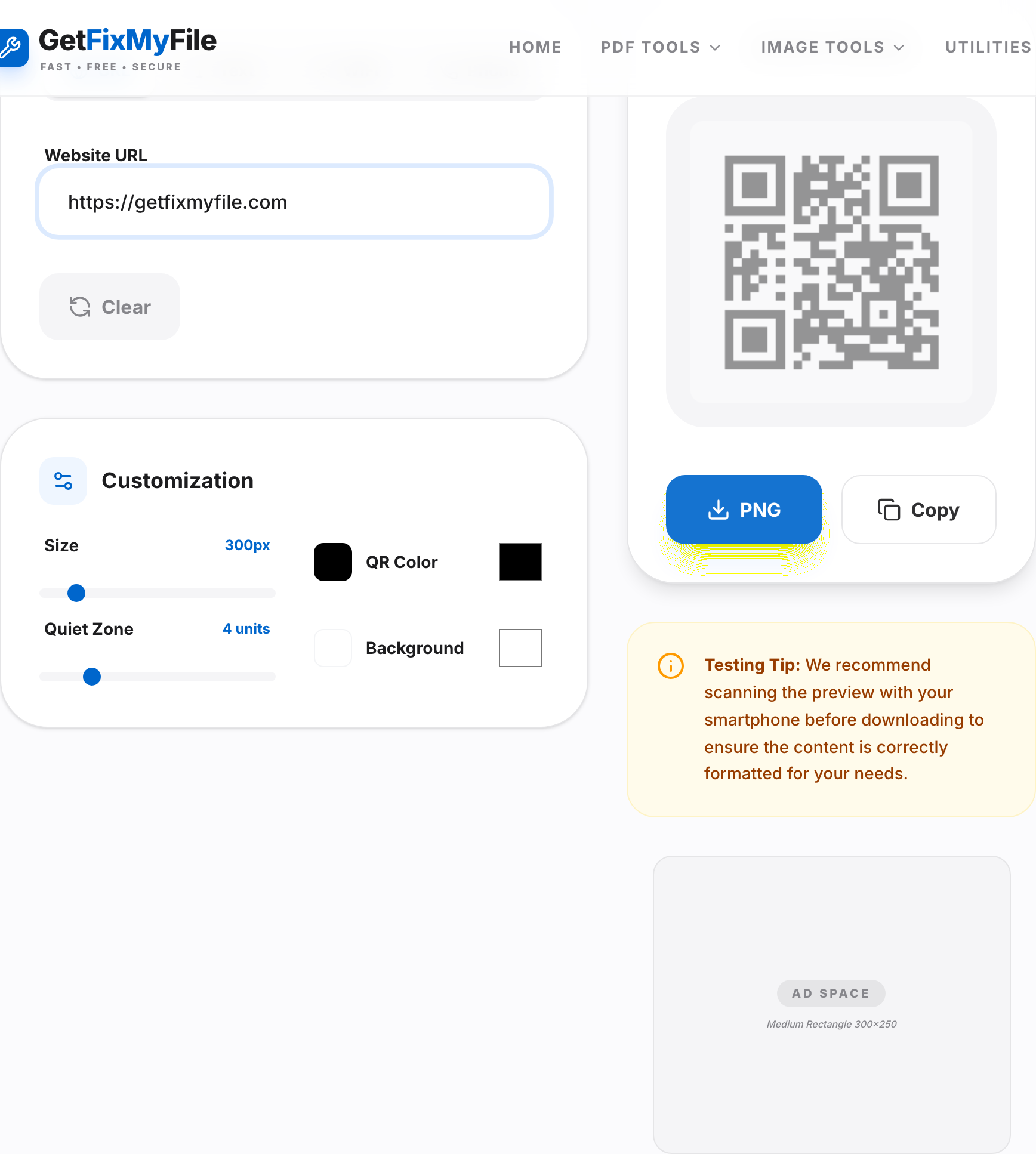 GetFixMyFile QR Code Generator with URL input, customization controls, and live preview